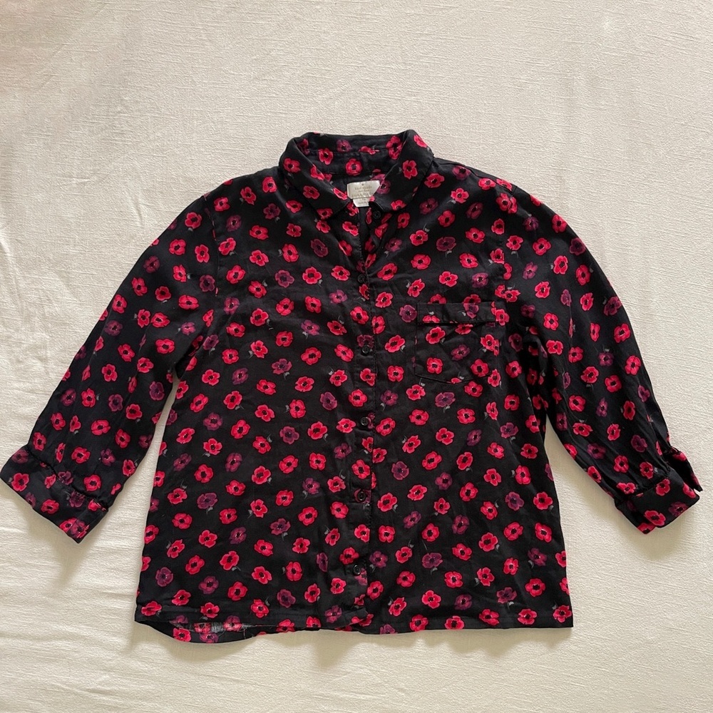 Kate Spade Sleepwear Top 3/4 Length Sleeve Floral Button Down Black Red Size L
